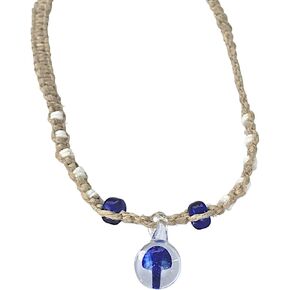 BlueRica Braided Hemp Cord Choker Necklace with Glass Teardrop (Dark Blue Mushroom)