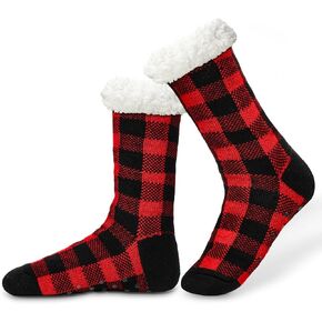 Christmas Slipper Socks for Women Christmas Socks Fuzzy Cozy Cabin Socks Thick Warm Socks Xmas Red Black Plaid Fluffy Socks Non Slip Comfy Grip Cozy Winter Socks Xmas Gift for Woman