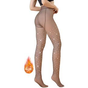 LUCKELF Sparkly Fleece Lined Tights, Thick Leggings with Sexy Rhinestone Fake Translucent Pantyhose Sheer Tights
