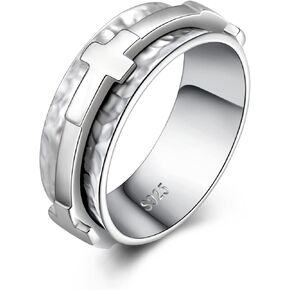 Sterling Silver Cross Fidget Rings for Anxiety for Women - Anti Stress Spinner Rings Meditation Faith Cross Band Wide Hammered Mothers Day Birthday Gifts