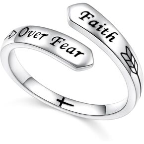 Adjustable Inspirational Rings 925 Sterling Silver Spiral Wrap Twist Engraved Faith Over Fear Ring Encouragement Jewelry for Women