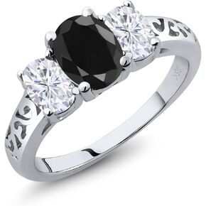 Gem Stone King 925 Sterling Silver Black Sapphire and White Moissanite Filigree Style 3 Stone Ring for Women (2.66 Cttw, Oval 8X6MM and 6X4MM, Available in Size 5, 6, 7, 8, 9)