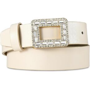 Women White Belts with Crystal Buckle Fashion White Leather Belt for Jeans Dress