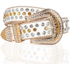 Urieo Crystal Leather Bling Belts for Women Glitter White Diamond Belt Pin Buckle Cowgirl Jeans Pants Rhinestone Belt