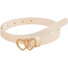 OYOANGLE Women's Double Heart Buckle Adjustable Thin Leather Belt Skinny Waist Belts for Jeans Dress