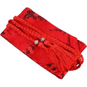 Women Kimono Japanese Style Embroidered Waist Bands Waist Belt with Tassel for Yukata Robe Accessories Red