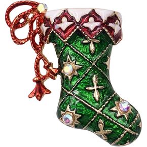 SELOVO Boot Green Red Enamel Brooch Pin Christmas Accessory Gold Tone