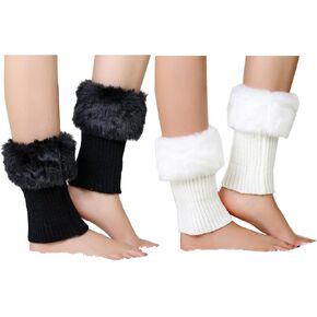 2 Pairs Women Faux Fur Trim Boot Cuff Socks Winter Knitted Furry Top Cover Leg Warmers