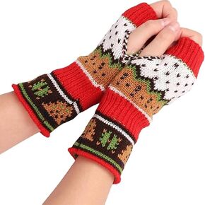 Urieo Snowflake Winter Arm Warmer Knit Red Fingerless Gloves Christmas Knitted Wrist Warmers with Thumb Hole for Women