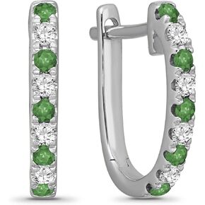 925 Sterling Silver Round-shape Diamond and Emerald Hoop Earrings for Women (1/10 cttw, I-J Color, I2-I3 Clarity)