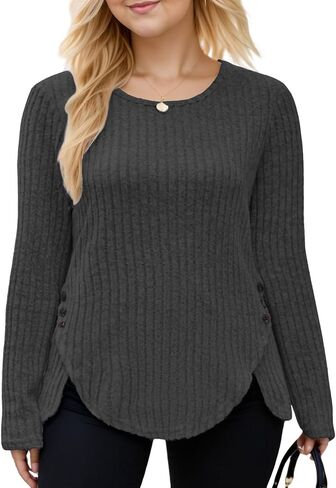 VISLILY Womens-Plus-Size-Tops Trendy Tulip Hem Long Sleeve Shirts Casual Lightweight Knit Sweaters Cute Button Decor Tunics in Kuwait