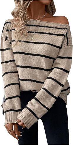 MakeMeChic Women's Striped Off The Shoulder Sweater Long Sleeve Knit Sweater Tops in Saudi Arabia