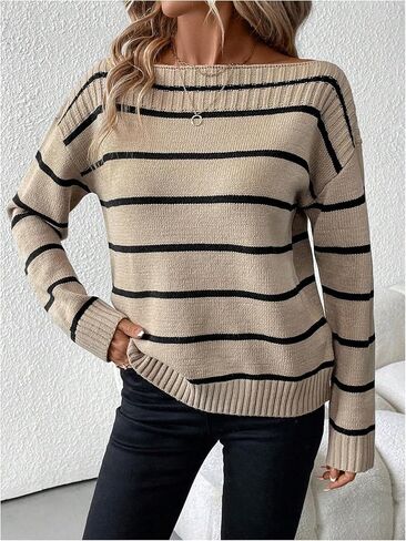 MakeMeChic Women's Striped Off The Shoulder Sweater Long Sleeve Knit Sweater Tops in Saudi Arabia