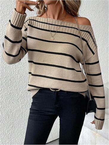 MakeMeChic Women's Striped Off The Shoulder Sweater Long Sleeve Knit Sweater Tops in Saudi Arabia