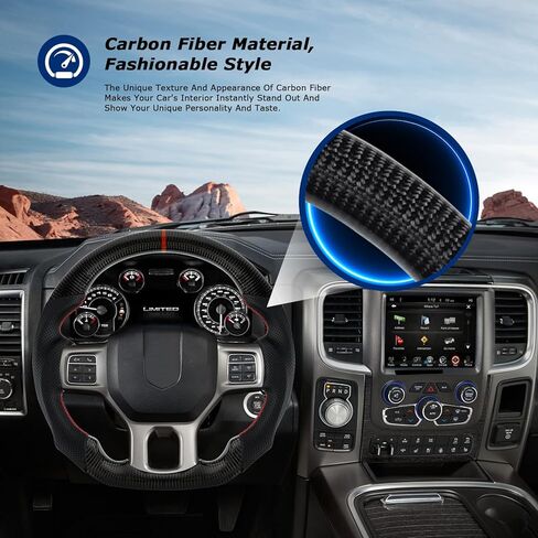 عجلة قيادة من ألياف الكربون الحقيقية مع خياطة على شكل حرف D من جلد نابا المثقوب عجلة قيادة مسطحة من الأسفل لسيارة دودج رام 1500 2012-2017 بدون فتحات مجداف in Kuwait