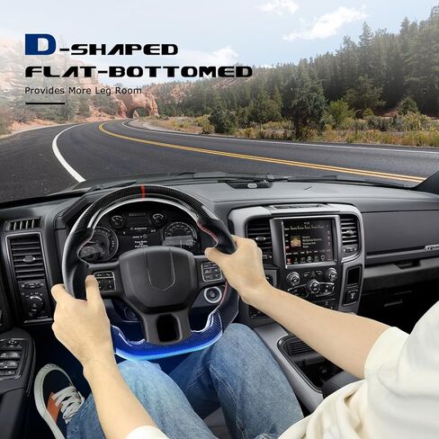 عجلة قيادة من ألياف الكربون الحقيقية مع خياطة على شكل حرف D من جلد نابا المثقوب عجلة قيادة مسطحة من الأسفل لسيارة دودج رام 1500 2012-2017 بدون فتحات مجداف in Kuwait
