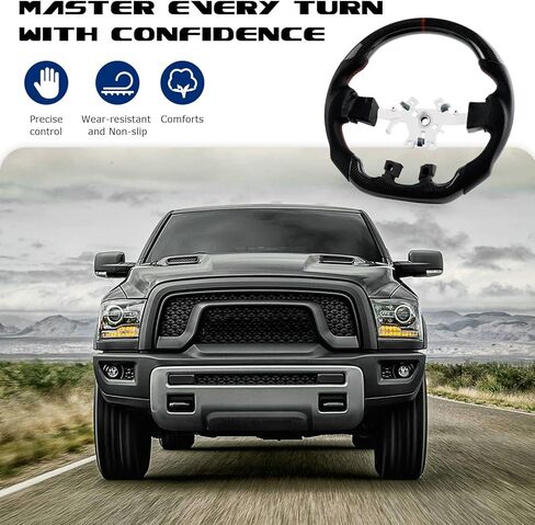 عجلة قيادة من ألياف الكربون الحقيقية مع خياطة على شكل حرف D من جلد نابا المثقوب عجلة قيادة مسطحة من الأسفل لسيارة دودج رام 1500 2012-2017 بدون فتحات مجداف in Kuwait