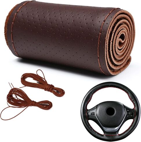 DEEYOTA Car Steering Wheel Cover Universal Fit Round Stitch Steering Wheel Wrap Thin PU Leather Steering Wheel Cover Sewn on 15" Car Wheel (Coffee) in Kuwait