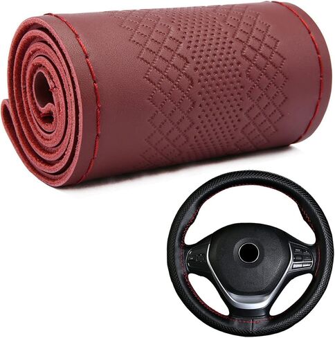 DEEYOTA Car Steering Wheel Cover Universal Fit Round Stitch Steering Wheel Wrap Thin PU Leather Steering Wheel Cover Sewn on 15" Car Wheel (Coffee) in Kuwait