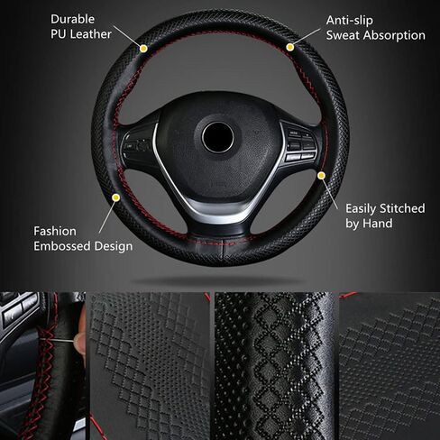 DEEYOTA Car Steering Wheel Cover Universal Fit Round Stitch Steering Wheel Wrap Thin PU Leather Steering Wheel Cover Sewn on 15" Car Wheel (Coffee) in Kuwait