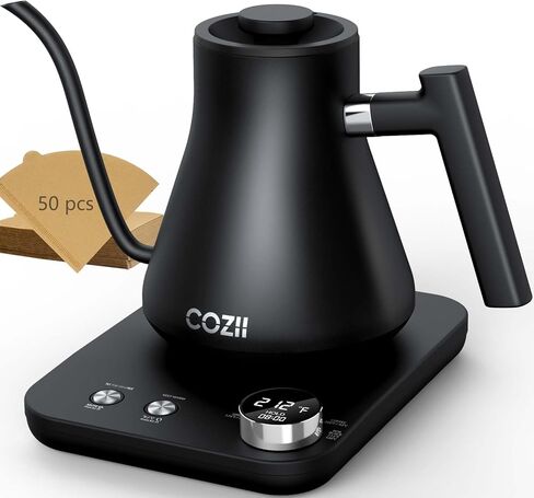 غلاية كهربائية COZII Gooseneck، 5 إعدادات مسبقة و±1⁄4 تحكم في درجة الحرارة 1200 وات غلاية مياه سريعة التسخين للقهوة/الشاي، تحافظ على الدفء لمدة 24 ساعة، إيقاف تلقائي للصب فوق غلاية مع 50 قطعة فلتر قهوة، 0.9 لتر فضي in Kuwait