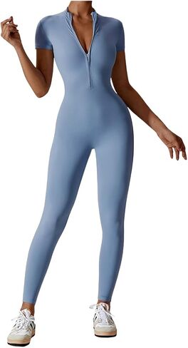 One Piece Zipper Bodycon Workout Jumpsuit Yoga Bodysuit Romper for Women in Kuwait