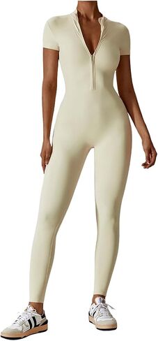 One Piece Zipper Bodycon Workout Jumpsuit Yoga Bodysuit Romper for Women in Kuwait