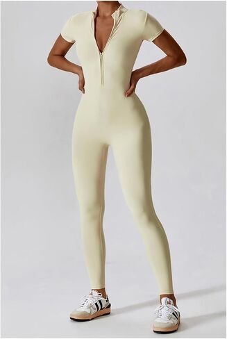 One Piece Zipper Bodycon Workout Jumpsuit Yoga Bodysuit Romper for Women in Kuwait