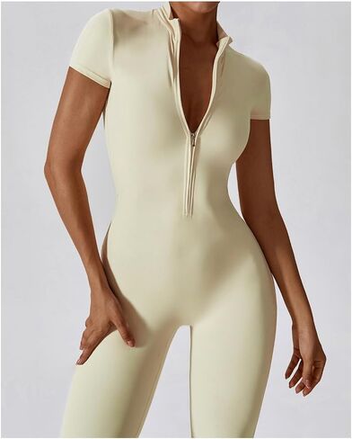 One Piece Zipper Bodycon Workout Jumpsuit Yoga Bodysuit Romper for Women in Kuwait