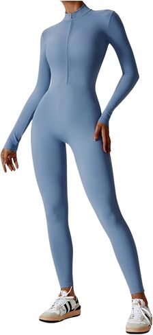 One Piece Zipper Bodycon Workout Jumpsuit Yoga Bodysuit Romper for Women in Kuwait