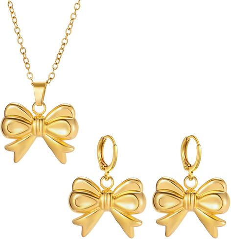 Dreuyet Bow Necklace Earrings Bow Jewelry Set for Women 14K Gold Plated Bowknot Huggies Hoop Earrings Dainty Bow Necklace Ribbon Jewelry Set Christmas Gift in Saudi Arabia
