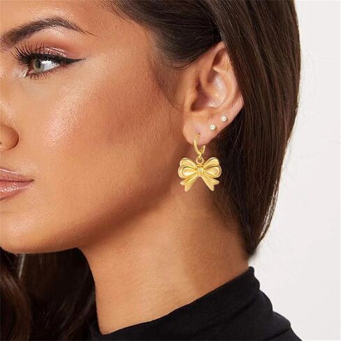 Dreuyet Bow Necklace Earrings Bow Jewelry Set for Women 14K Gold Plated Bowknot Huggies Hoop Earrings Dainty Bow Necklace Ribbon Jewelry Set Christmas Gift in Saudi Arabia