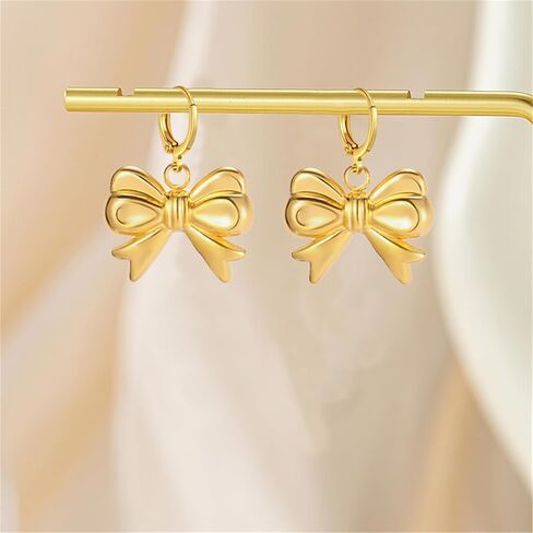 Dreuyet Bow Necklace Earrings Bow Jewelry Set for Women 14K Gold Plated Bowknot Huggies Hoop Earrings Dainty Bow Necklace Ribbon Jewelry Set Christmas Gift in Saudi Arabia