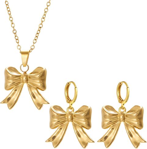 Dreuyet القوس قلادة أقراط القوس مجموعة مجوهرات للنساء 14K مطلية بالذهب Bowknot Huggies هوب أقراط لذيذ القوس قلادة الشريط مجموعة مجوهرات هدية عيد الميلاد in Kuwait