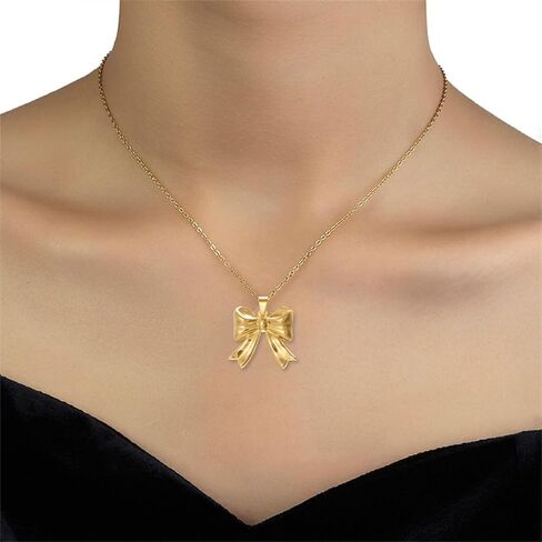 Dreuyet القوس قلادة أقراط القوس مجموعة مجوهرات للنساء 14K مطلية بالذهب Bowknot Huggies هوب أقراط لذيذ القوس قلادة الشريط مجموعة مجوهرات هدية عيد الميلاد in Kuwait