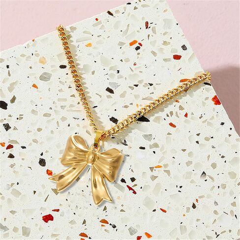 Dreuyet القوس قلادة أقراط القوس مجموعة مجوهرات للنساء 14K مطلية بالذهب Bowknot Huggies هوب أقراط لذيذ القوس قلادة الشريط مجموعة مجوهرات هدية عيد الميلاد in Kuwait