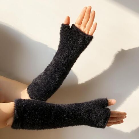 Women Arm Warmers Knit Mitten Mink-Like Furry Fingerless Gloves with Thumb Hole Soft Y2K Wrist Warmers Sleeve in Kuwait