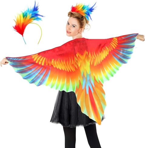 iROLEWIN Bird-Wings-Parrot-Costume for Adults Mardi Gras Headband for Women Feather Cape Big Eagle Dress-Up Shawl Party Gifts in Kuwait