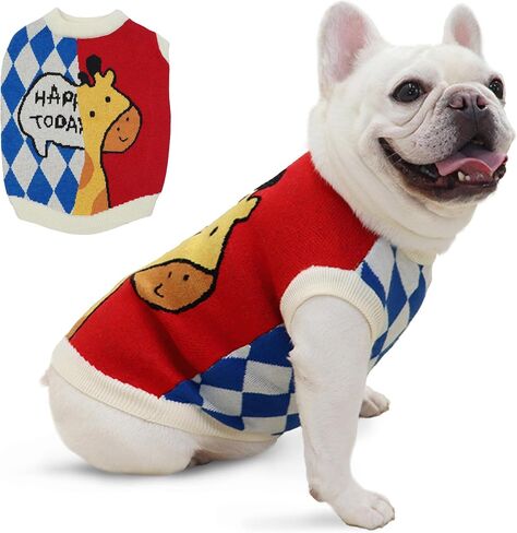 PUMYPOREITY French Bulldog Christmas Sweater, Pullover Dog Sweater with Scarf for French Bulldog, Soft Dog Christmas Outfit for Frenchie Dogs, Knitted Dog Sweaters for Cold Weather, Red, L in Saudi Arabia