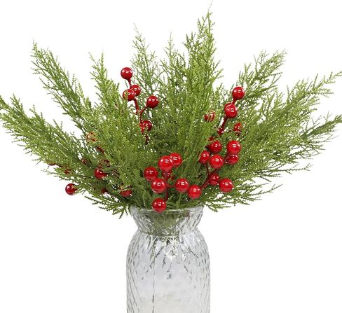 60 Pcs Christmas Artificial Pine Branches with Red Berry Stems, Christmas Greenery Stems Pine Stems, Fake Foliage Pine Needles Picks Cedar Sprigs Stems for Christmas Garland Home Decor (60) in Kuwait