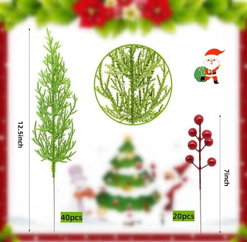 60 Pcs Christmas Artificial Pine Branches with Red Berry Stems, Christmas Greenery Stems Pine Stems, Fake Foliage Pine Needles Picks Cedar Sprigs Stems for Christmas Garland Home Decor (60) in Kuwait