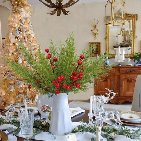 60 Pcs Christmas Artificial Pine Branches with Red Berry Stems, Christmas Greenery Stems Pine Stems, Fake Foliage Pine Needles Picks Cedar Sprigs Stems for Christmas Garland Home Decor (60) in Kuwait