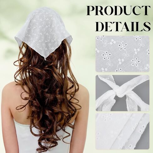 White Bandanas for Women Floral Head Scarf for Hair Trendy Flower Headbands Mesh Hair Scarves Cute Adjustable Bandana Triangular Lace Head Scarf Vintage Head Coverings for Women Maid in Saudi Arabia