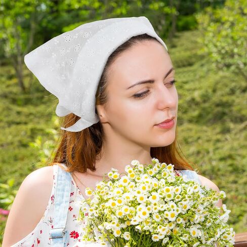 White Bandanas for Women Floral Head Scarf for Hair Trendy Flower Headbands Mesh Hair Scarves Cute Adjustable Bandana Triangular Lace Head Scarf Vintage Head Coverings for Women Maid in Saudi Arabia
