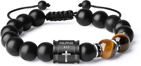 Bible Verse Cross Bracelets for Men Handmade 10mm Natural Black Onyx, Lava Rock Stone, Tiger Eyes and Black Matte Agate Bead Braided Rope Meaningful Gifts Bracelet for Men Father Boyfriends Husband in Saudi Arabia