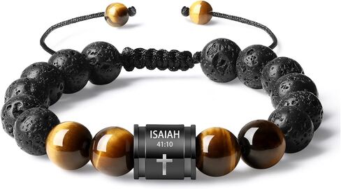 Bible Verse Cross Bracelets for Men Handmade 10mm Natural Black Onyx, Lava Rock Stone, Tiger Eyes and Black Matte Agate Bead Braided Rope Meaningful Gifts Bracelet for Men Father Boyfriends Husband in Saudi Arabia