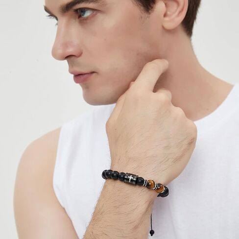 Bible Verse Cross Bracelets for Men Handmade 10mm Natural Black Onyx, Lava Rock Stone, Tiger Eyes and Black Matte Agate Bead Braided Rope Meaningful Gifts Bracelet for Men Father Boyfriends Husband in Kuwait