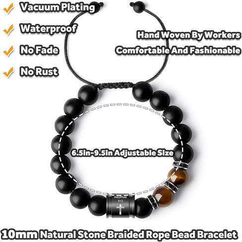 Bible Verse Cross Bracelets for Men Handmade 10mm Natural Black Onyx, Lava Rock Stone, Tiger Eyes and Black Matte Agate Bead Braided Rope Meaningful Gifts Bracelet for Men Father Boyfriends Husband in Saudi Arabia