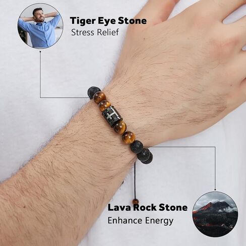 Bible Verse Cross Bracelets for Men Handmade 10mm Natural Black Onyx, Lava Rock Stone, Tiger Eyes and Black Matte Agate Bead Braided Rope Meaningful Gifts Bracelet for Men Father Boyfriends Husband in Saudi Arabia