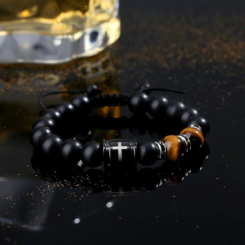Bible Verse Cross Bracelets for Men Handmade 10mm Natural Black Onyx, Lava Rock Stone, Tiger Eyes and Black Matte Agate Bead Braided Rope Meaningful Gifts Bracelet for Men Father Boyfriends Husband in Kuwait